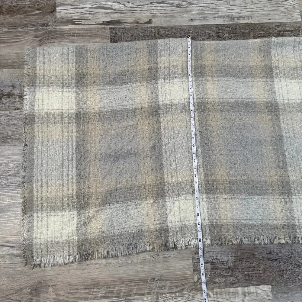 J.Jill Plaid Knit Wrap Shawl Gray Cream Fringed Cozy Layer XL - 3XL